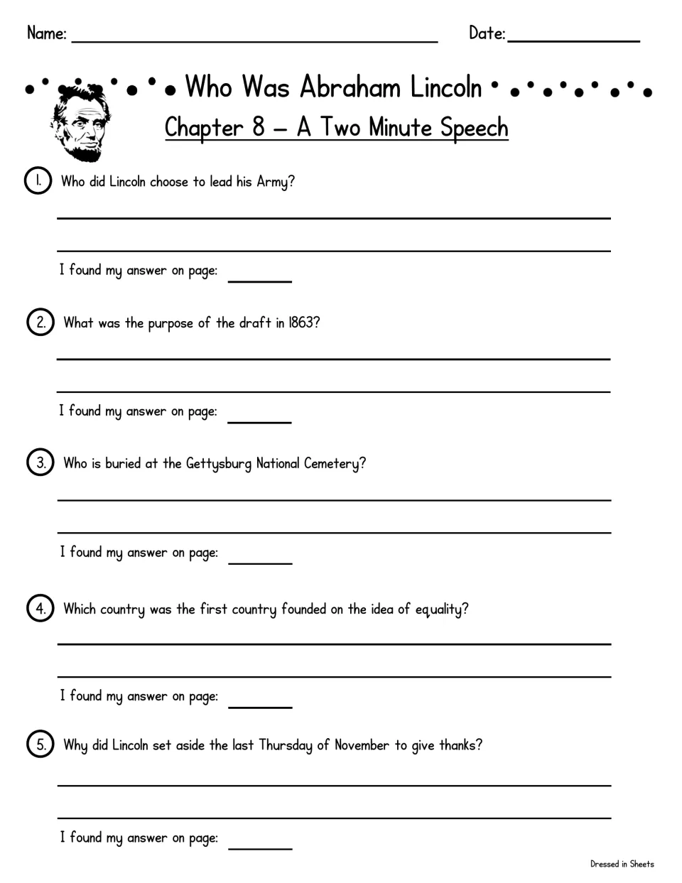 Chapter 8, A Two Minute Speech: questions on the 1863 draft, Gettysburg National Cemetery and Thanksgiving, citing pages