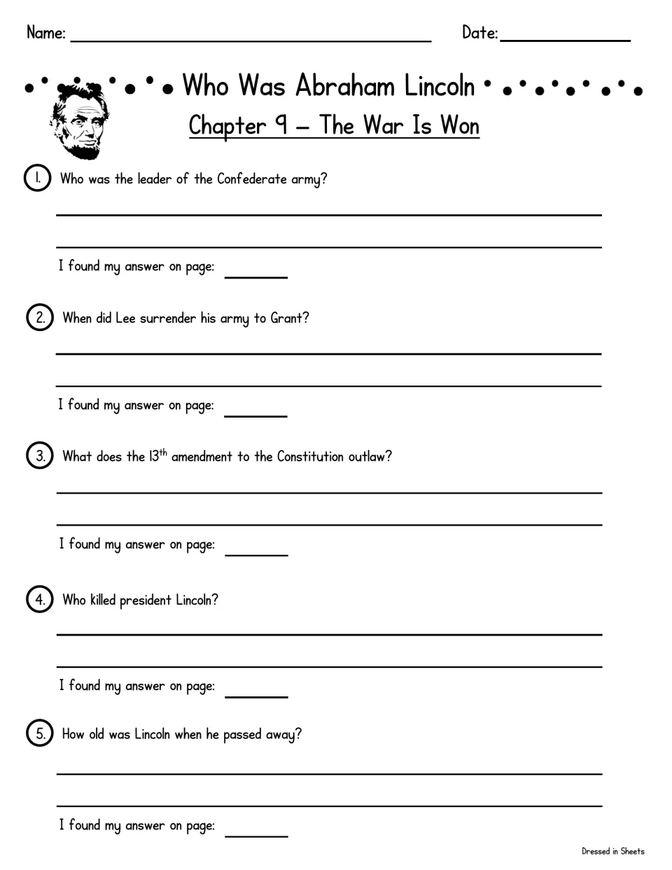 Chapter 9, The War Is Won: questions on Lee's surrender, the 13th Amendment and Lincoln's death, noting the answer page