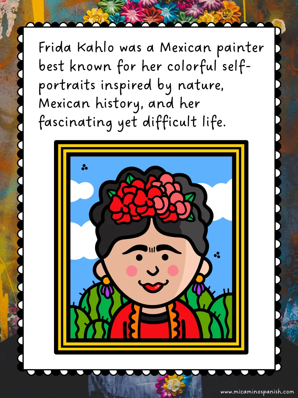 Frida as a Mexican painter known for colorful self-portraits inspired by nature, history and her life; cartoon portrait