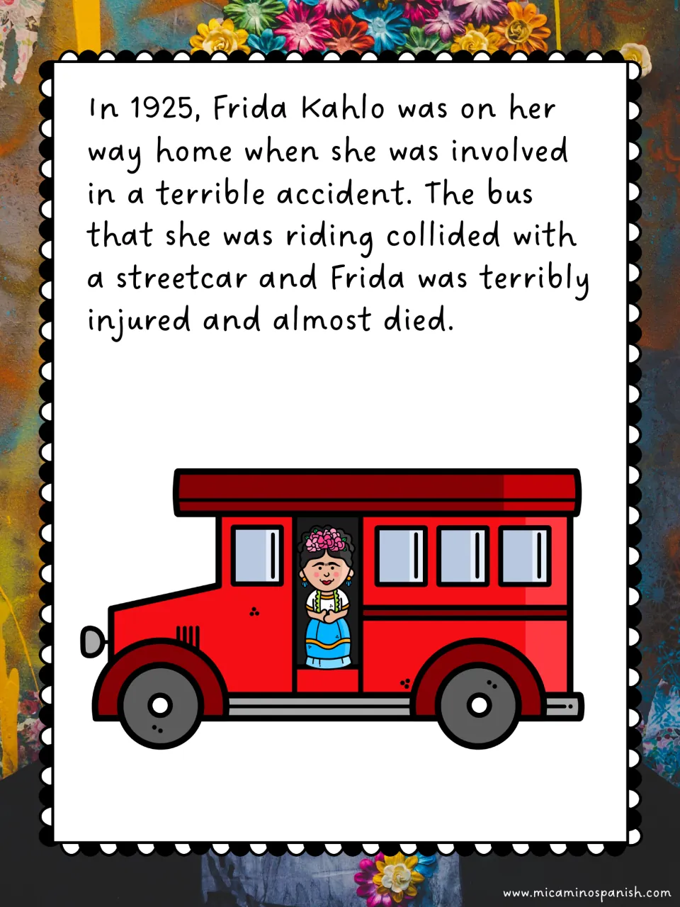 Her 1925 accident: the bus Frida was riding collided with a streetcar and she nearly died; cartoon Frida in a red bus