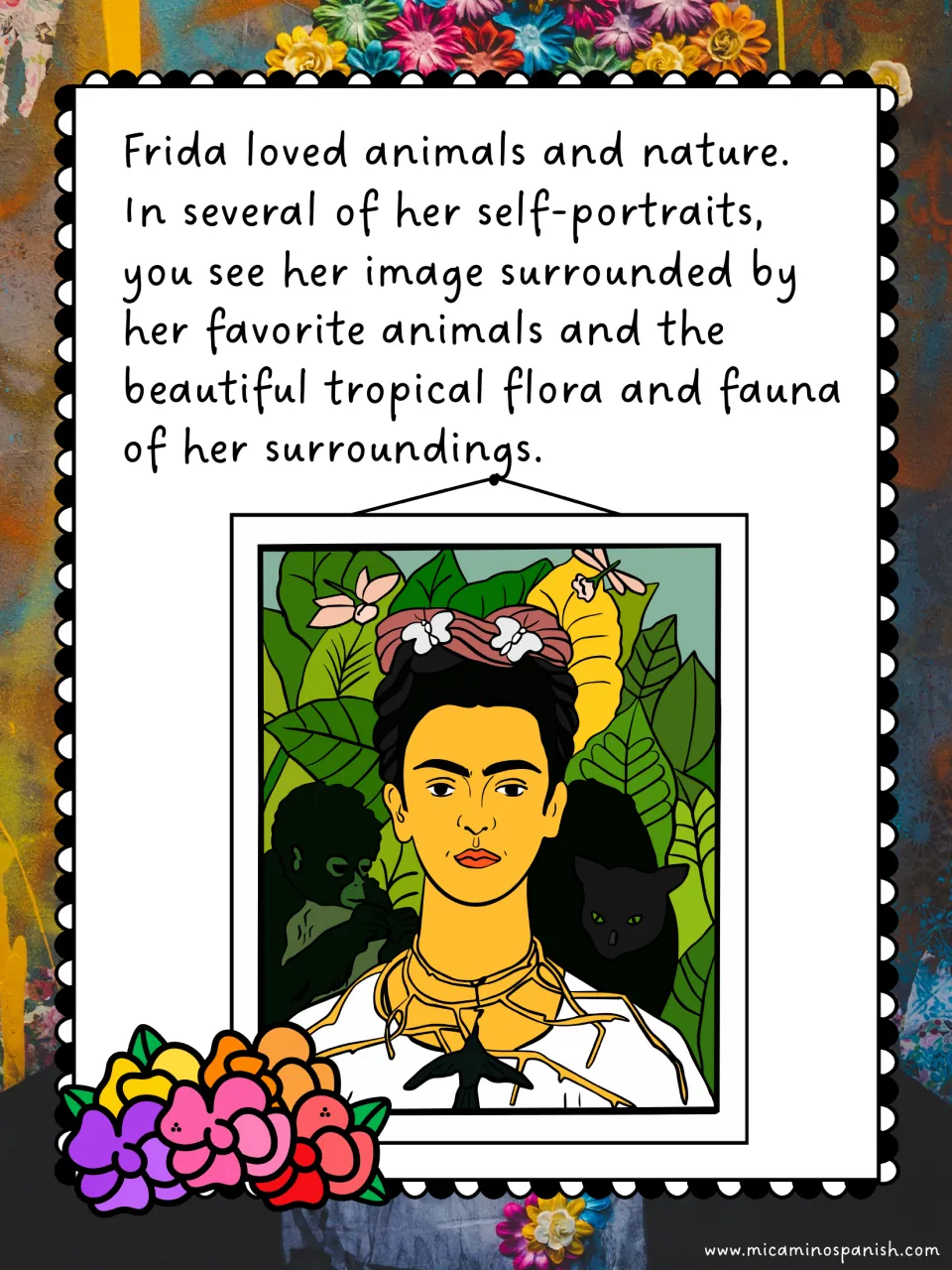 Frida's love of animals and nature, with a drawing of her self-portrait with a monkey, black cat and tropical leaves