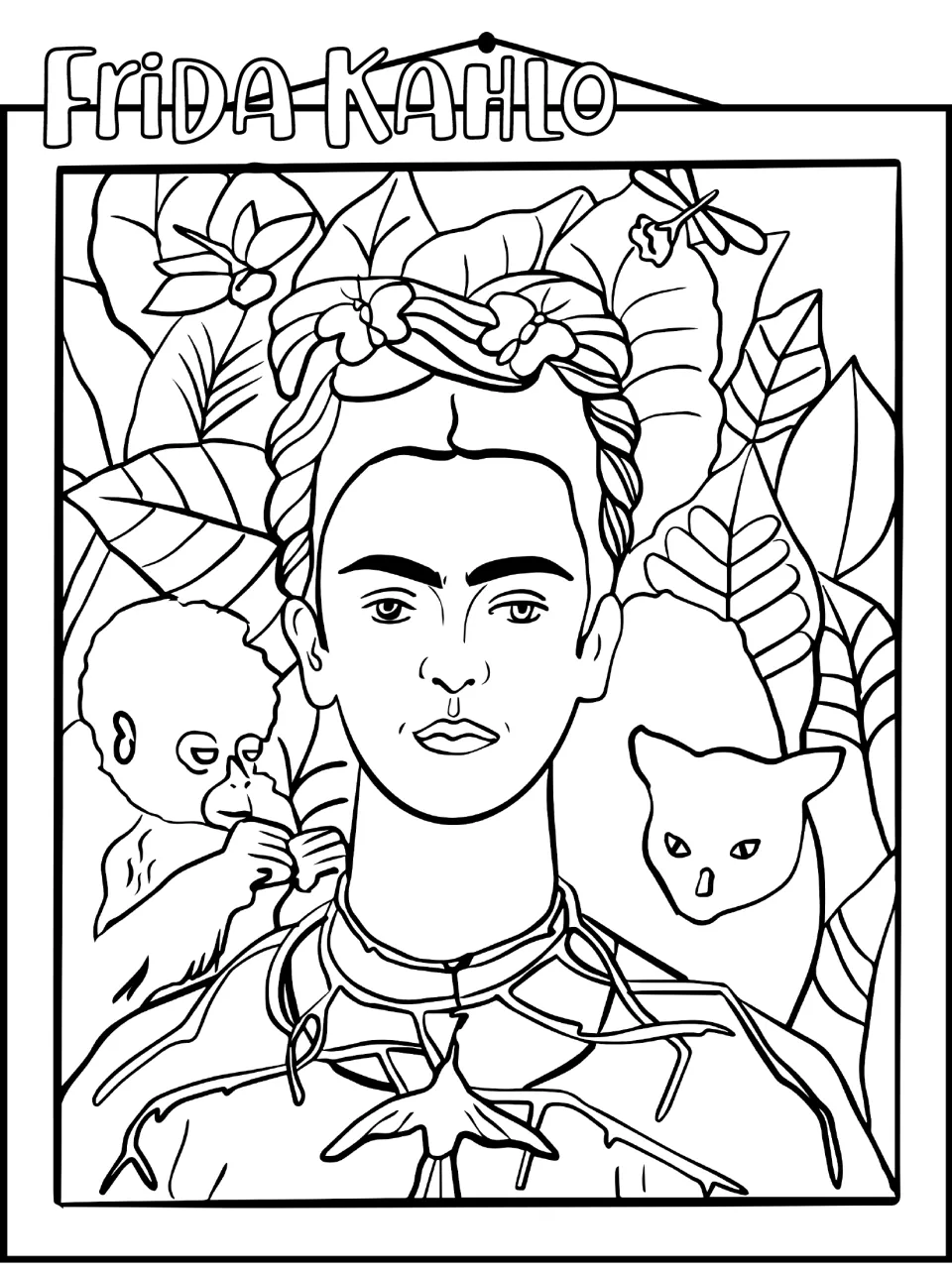 Frida Kahlo coloring page: line drawing of her self-portrait with a monkey, cat, dragonfly, hummingbird and jungle leaves