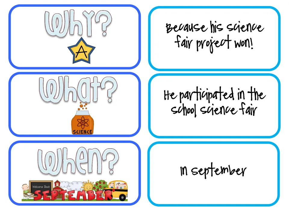 Second set: students join Why, What and When cards to answers about Jack's winning science fair project in September