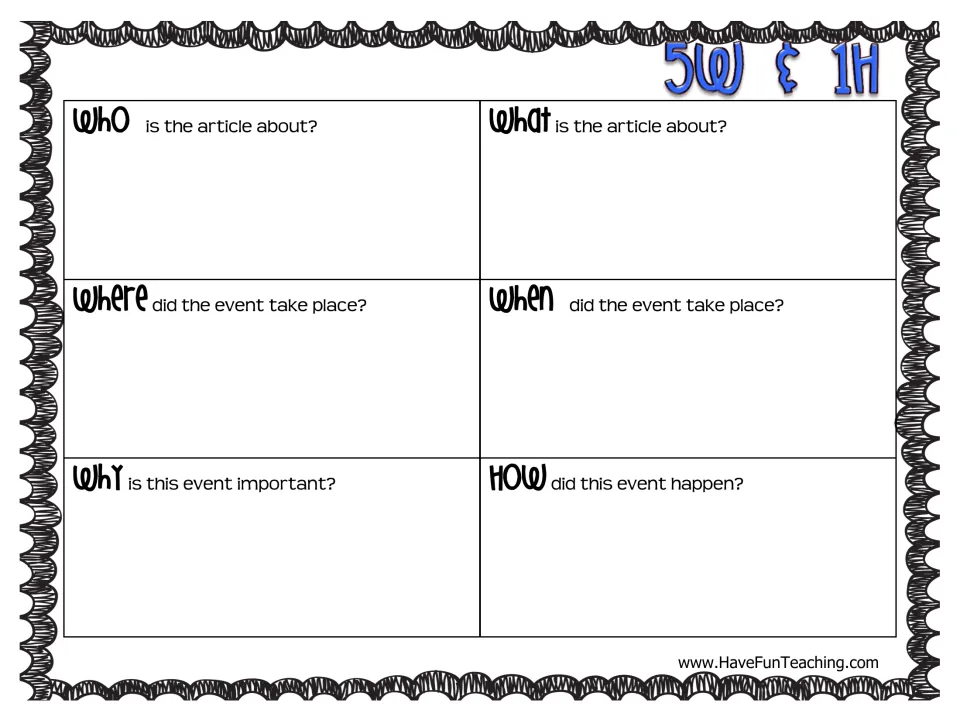 5W & 1H practice: students answer who, what, where, when, why and how questions about an article they read