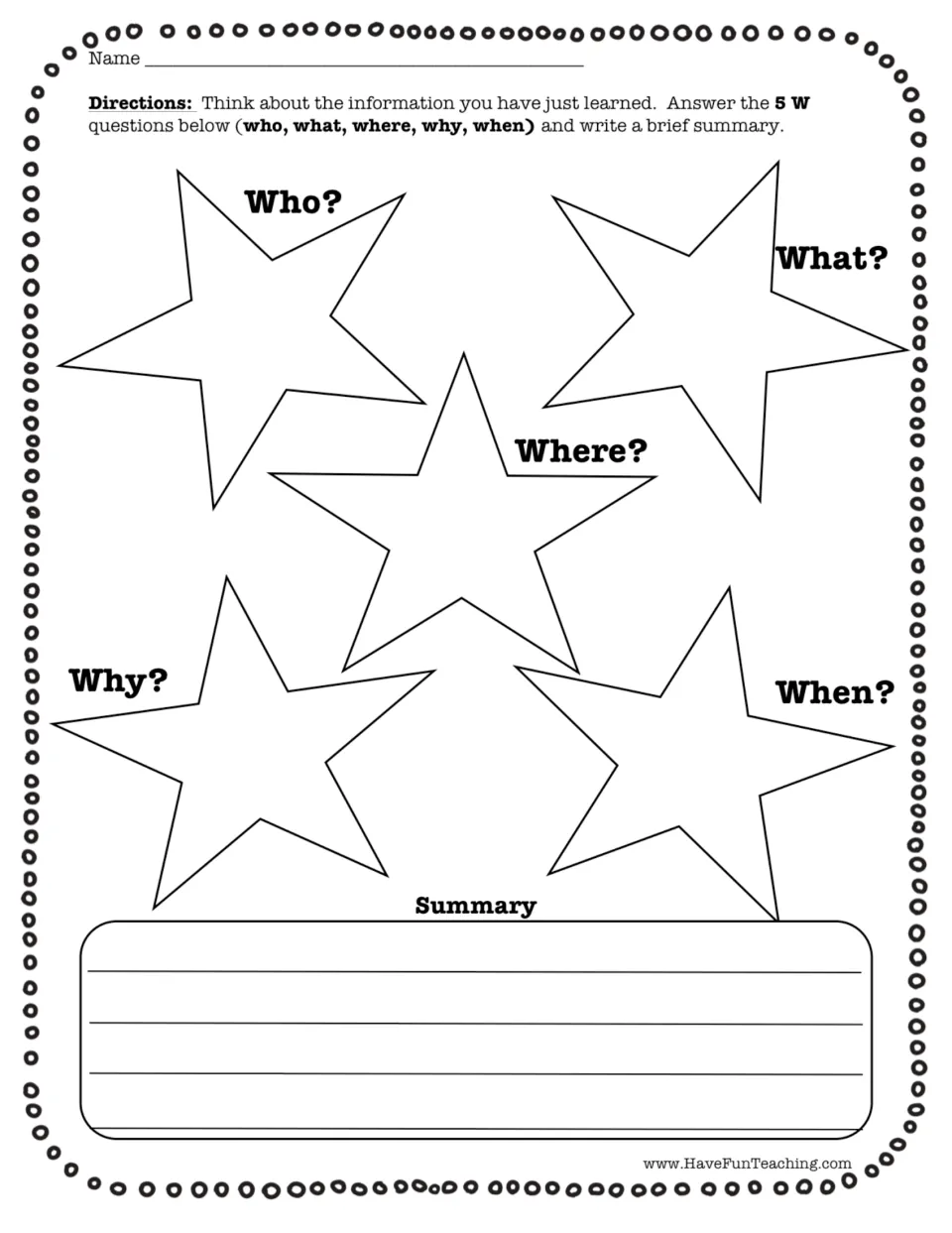 Summary graphic organizer asking who, what, where, why, and when, followed by a brief written summary.