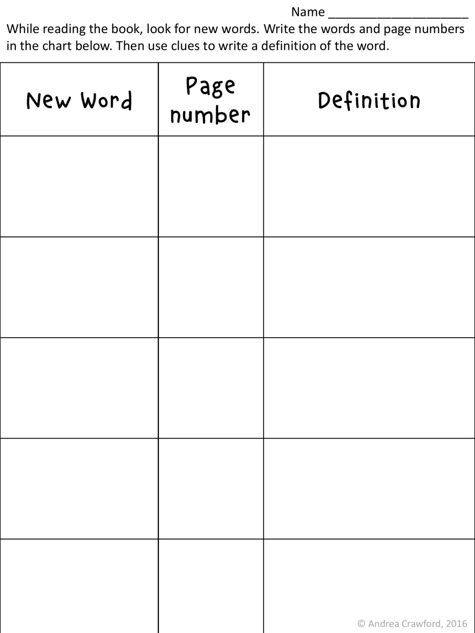 New vocabulary log: students list new words from the book with page numbers, then use clues to write each definition