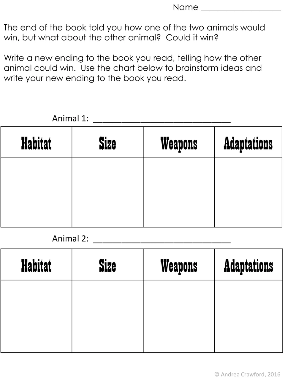Alternate ending planner: students note habitat, size, weapons and adaptations of both animals to plan how the other animal wins