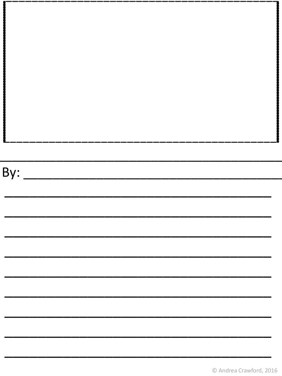 Story publishing page: students write a title, their name after 'By:', draw an illustration and write the story