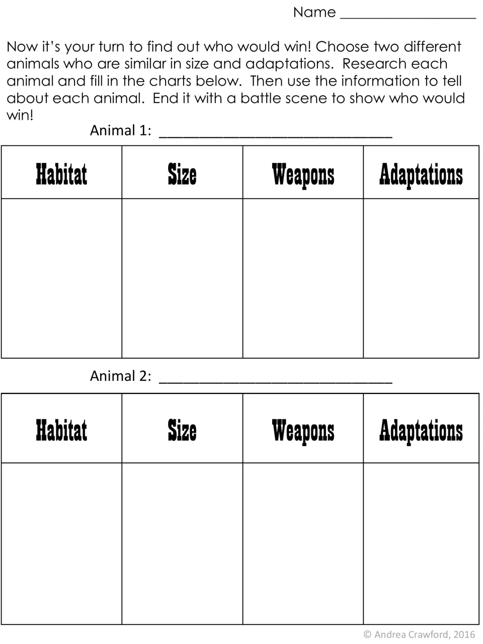 Research planner: students choose two similar animals, note habitat, size, weapons and adaptations for a battle scene