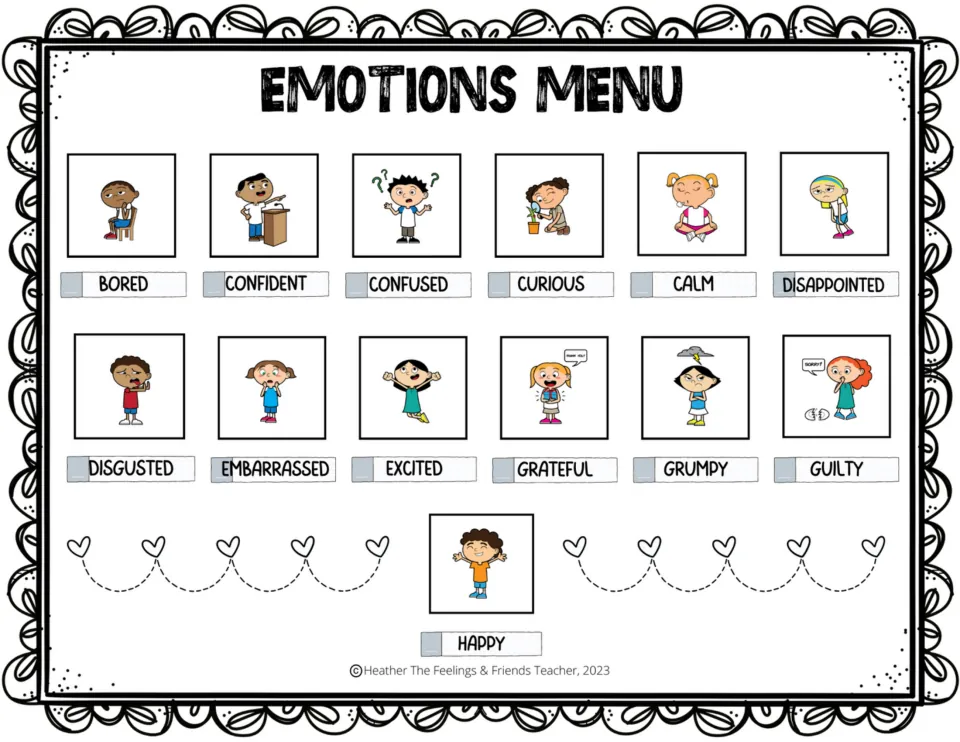 Color feelings chart, part 1: 13 labeled emotions, including bored, confident, confused, curious, and happy.