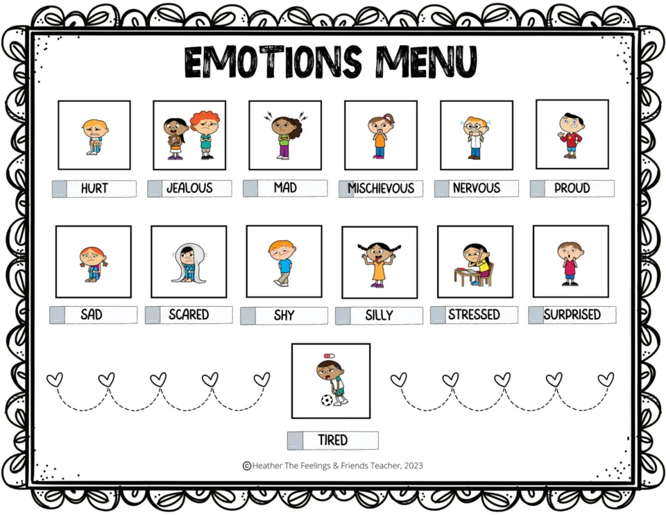 Color feelings chart, part 2: 13 labeled emotions, including hurt, jealous, mad, nervous, proud, and tired.