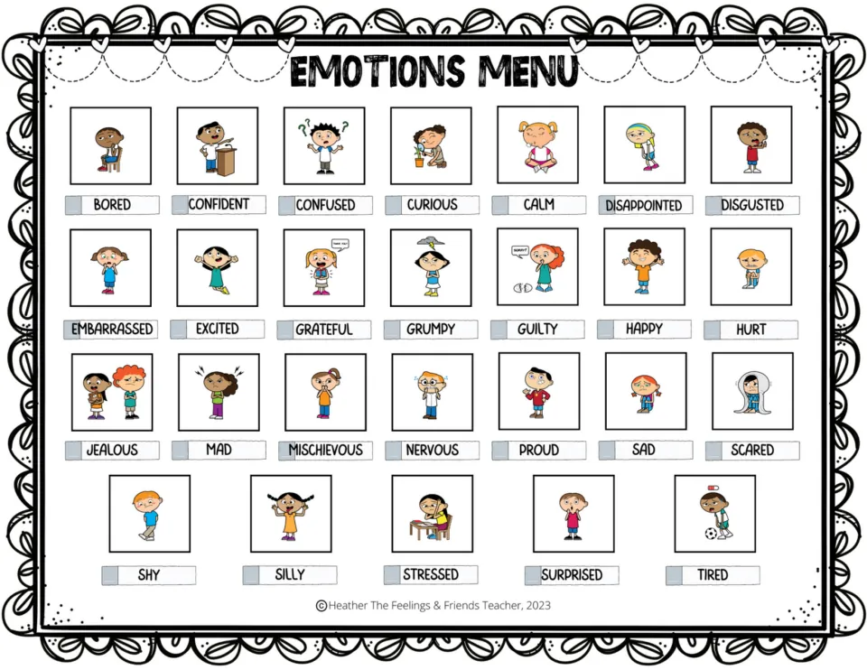 Complete color feelings chart: 26 illustrated emotions, including embarrassed, grateful, guilty, and shy.