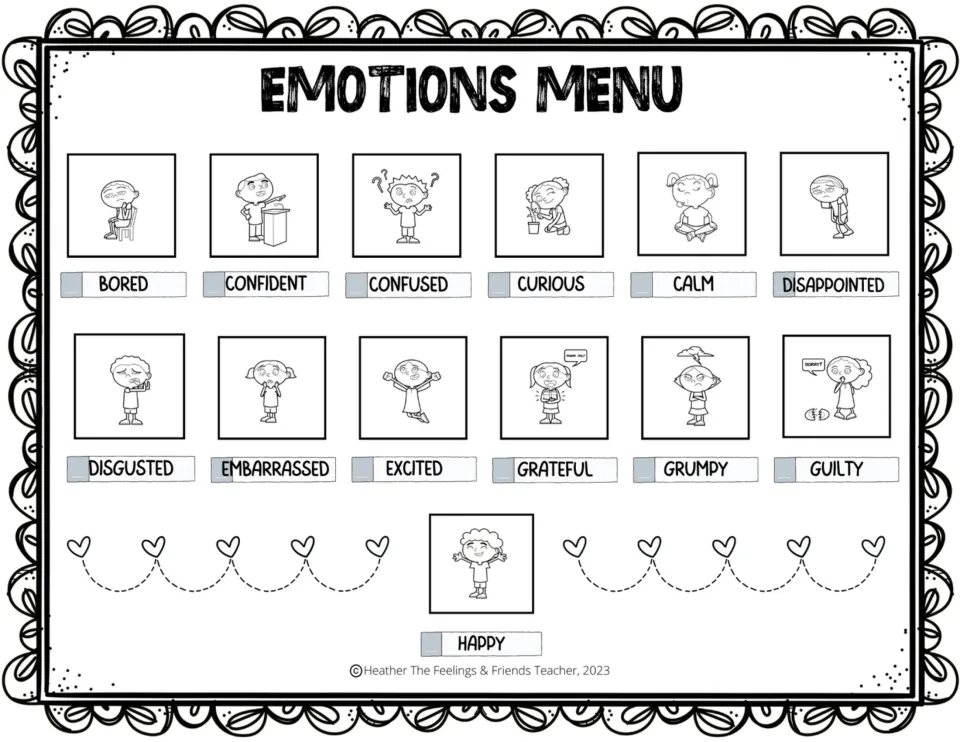 Black-and-white feelings chart, part 1: 13 emotions, including calm, disappointed, disgusted, and excited.