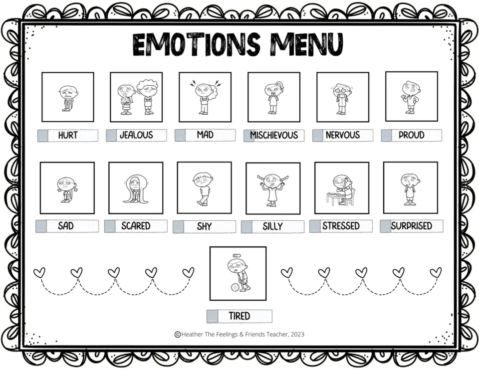 Black-and-white feelings chart, part 2: 13 emotions, including mischievous, sad, scared, silly, and tired.