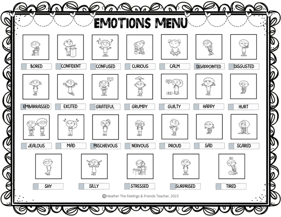 Complete black-and-white feelings chart: 26 illustrated emotions, including grumpy, stressed, and surprised.
