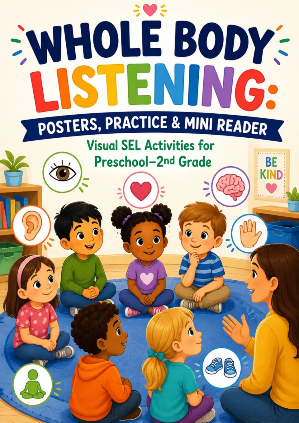 Cover introducing whole body listening posters, practice, and a mini reader for preschool–second grade