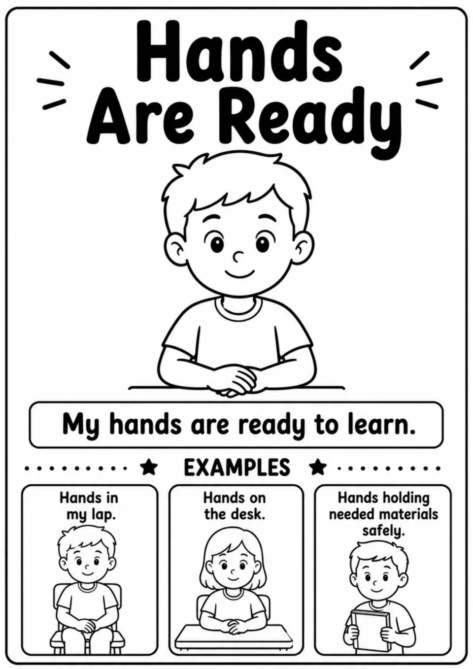 Hands Are Ready poster shows hands in a lap, on a desk, and holding needed materials safely for learning
