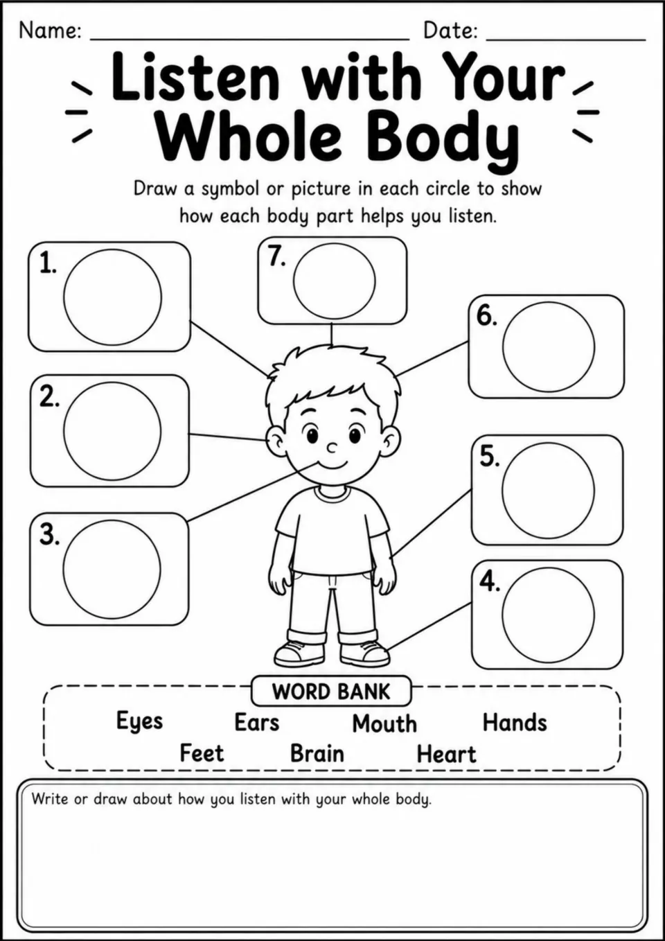 Listening practice worksheet asks students to draw how seven body parts help them listen and write or draw