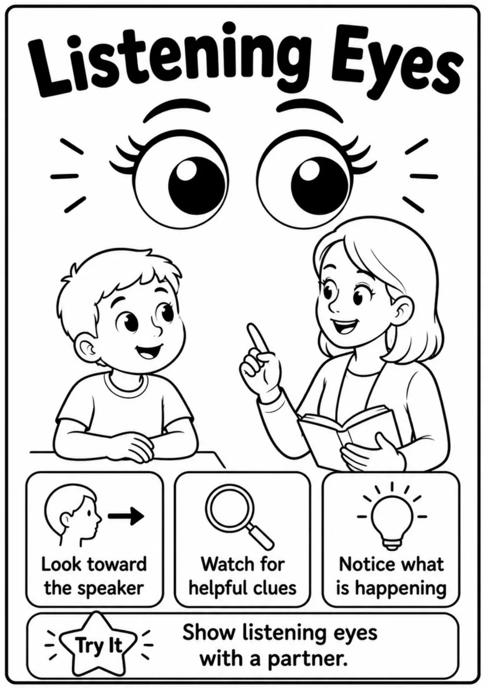 Listening Eyes cue poster: look toward the speaker, watch for helpful clues, and practice with a partner