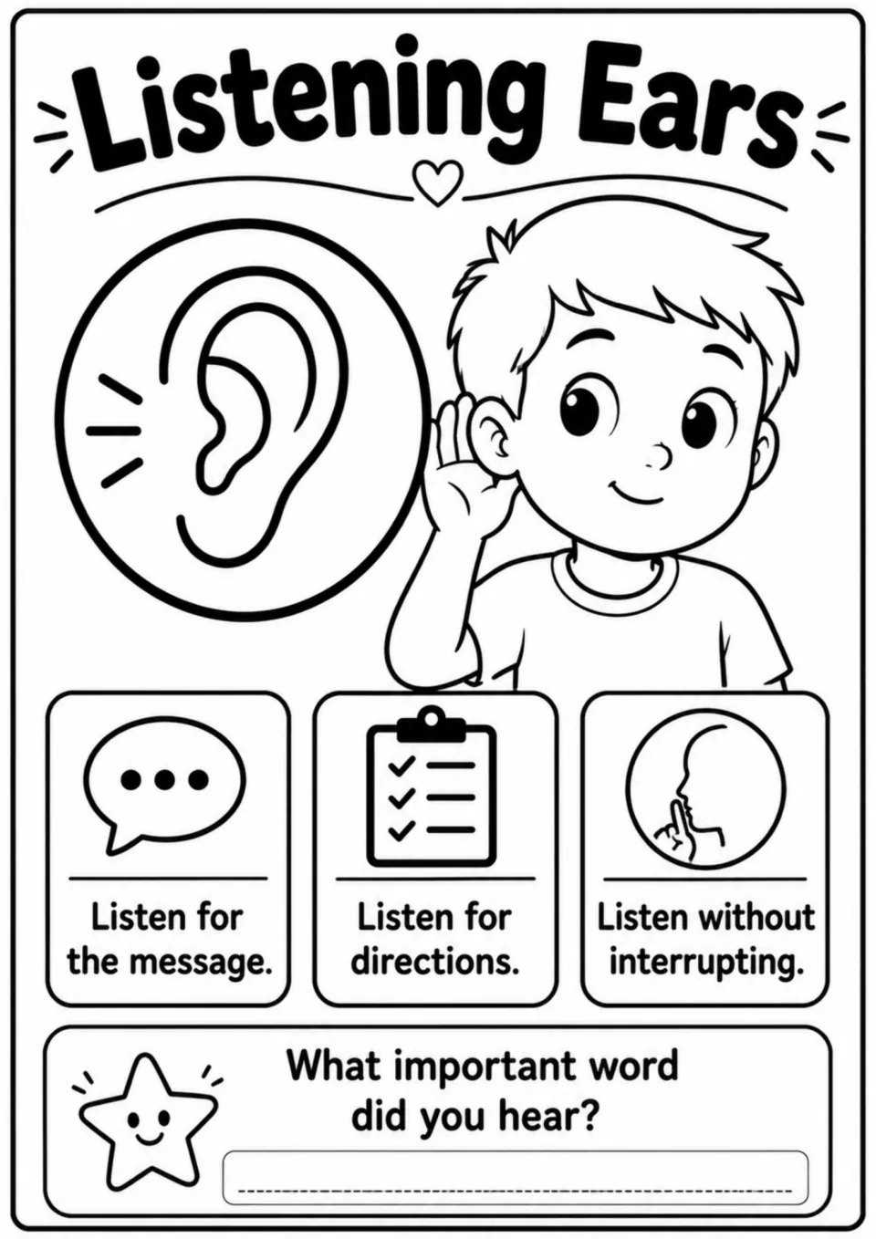 Listening Ears cue poster: listen for the message and directions without interrupting, then name a word heard