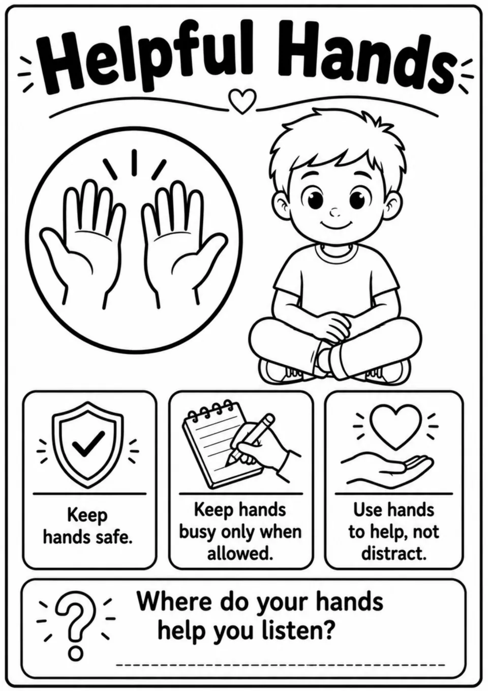 Helpful Hands cue poster: keep hands safe, busy only when allowed, and helpful; reflect on hands and listening