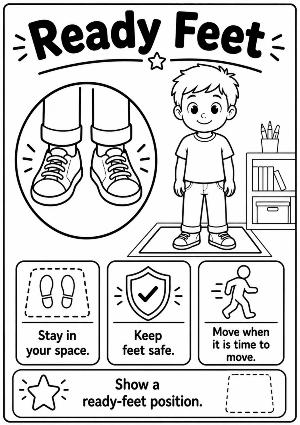 Ready Feet cue poster: stay in your space, keep feet safe, move at the right time, and show a ready position