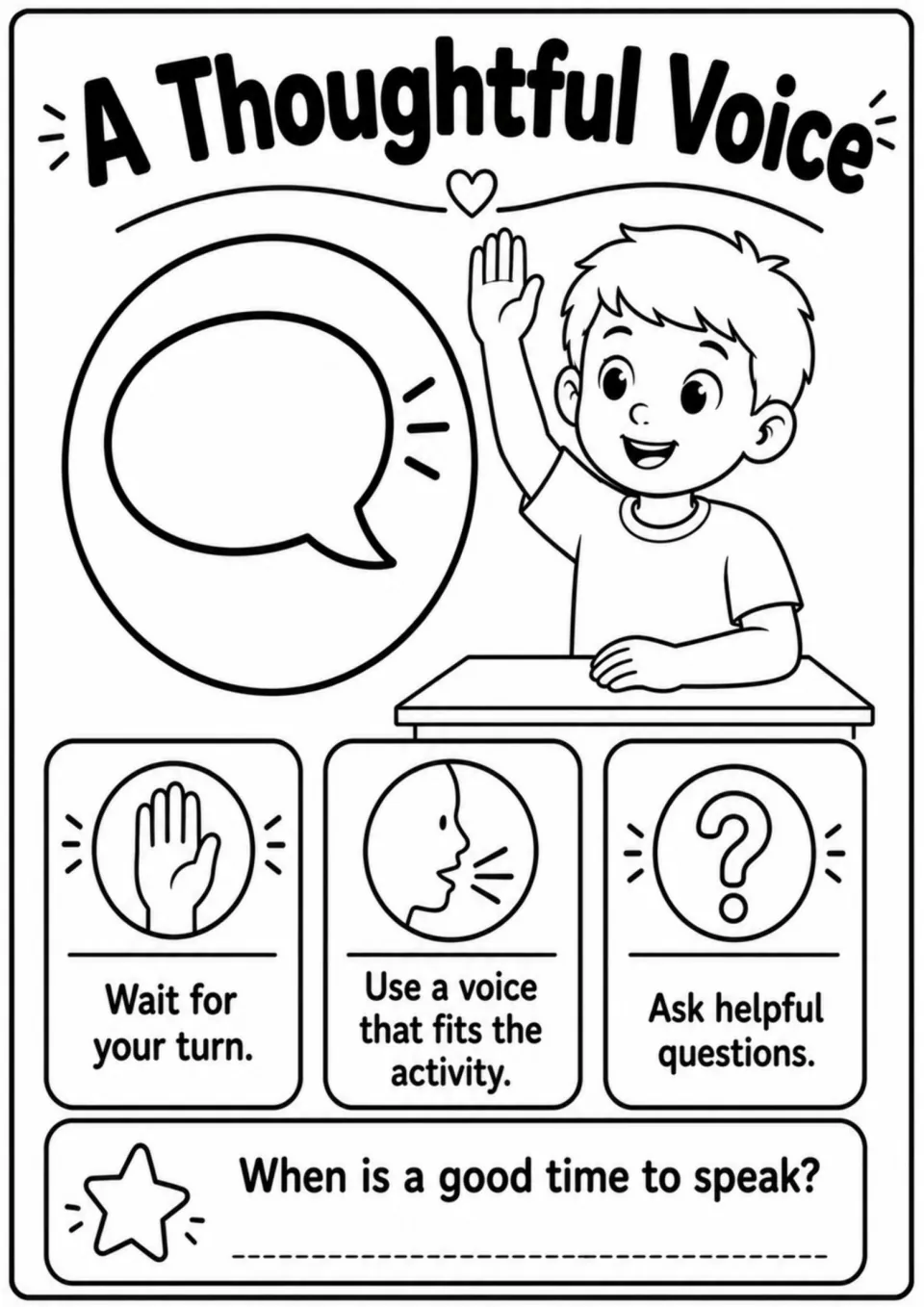 A Thoughtful Voice cue poster: wait your turn, use a voice that fits the activity, and ask helpful questions