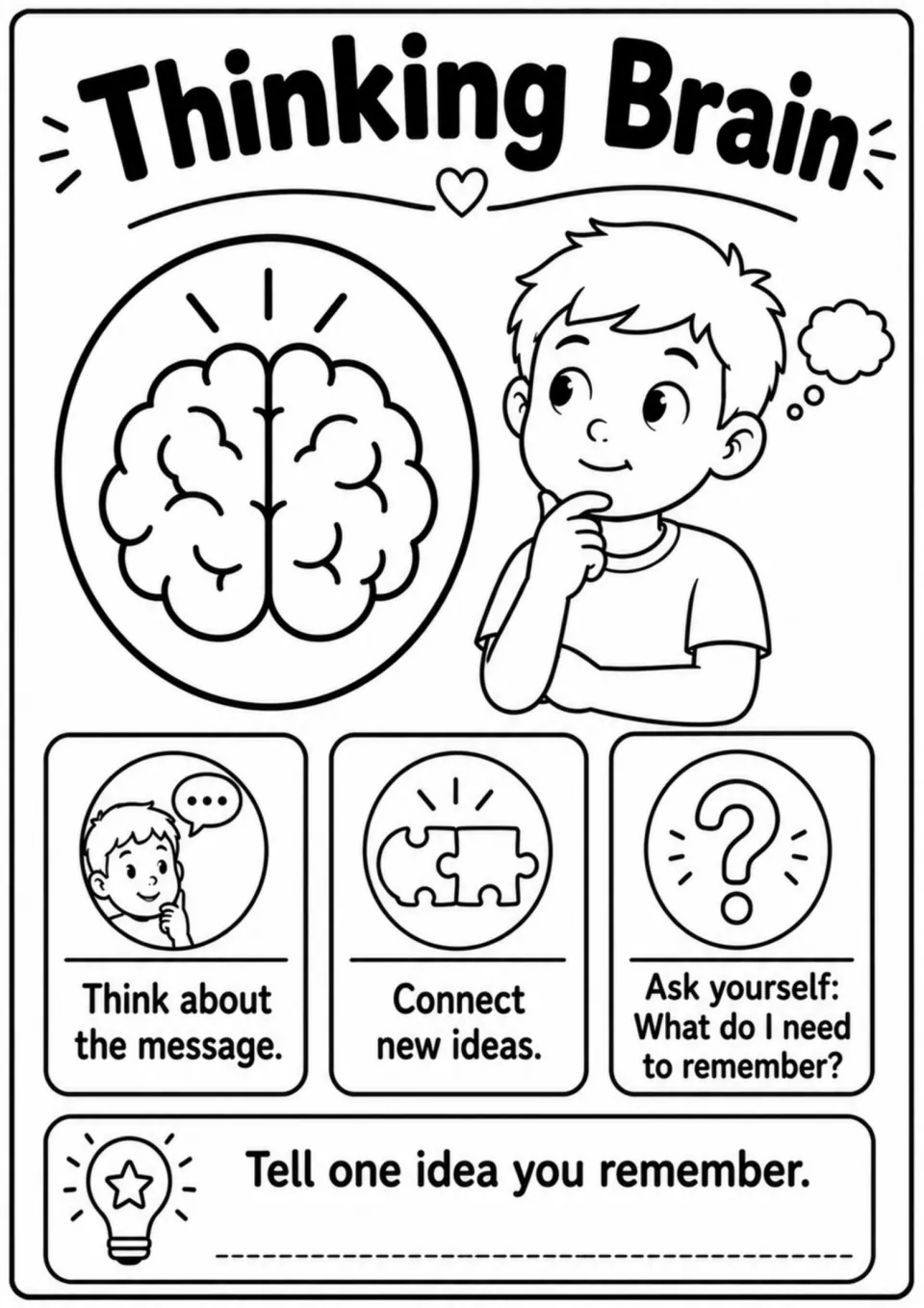 Thinking Brain cue poster: think about the message, connect new ideas, and tell one idea you remember