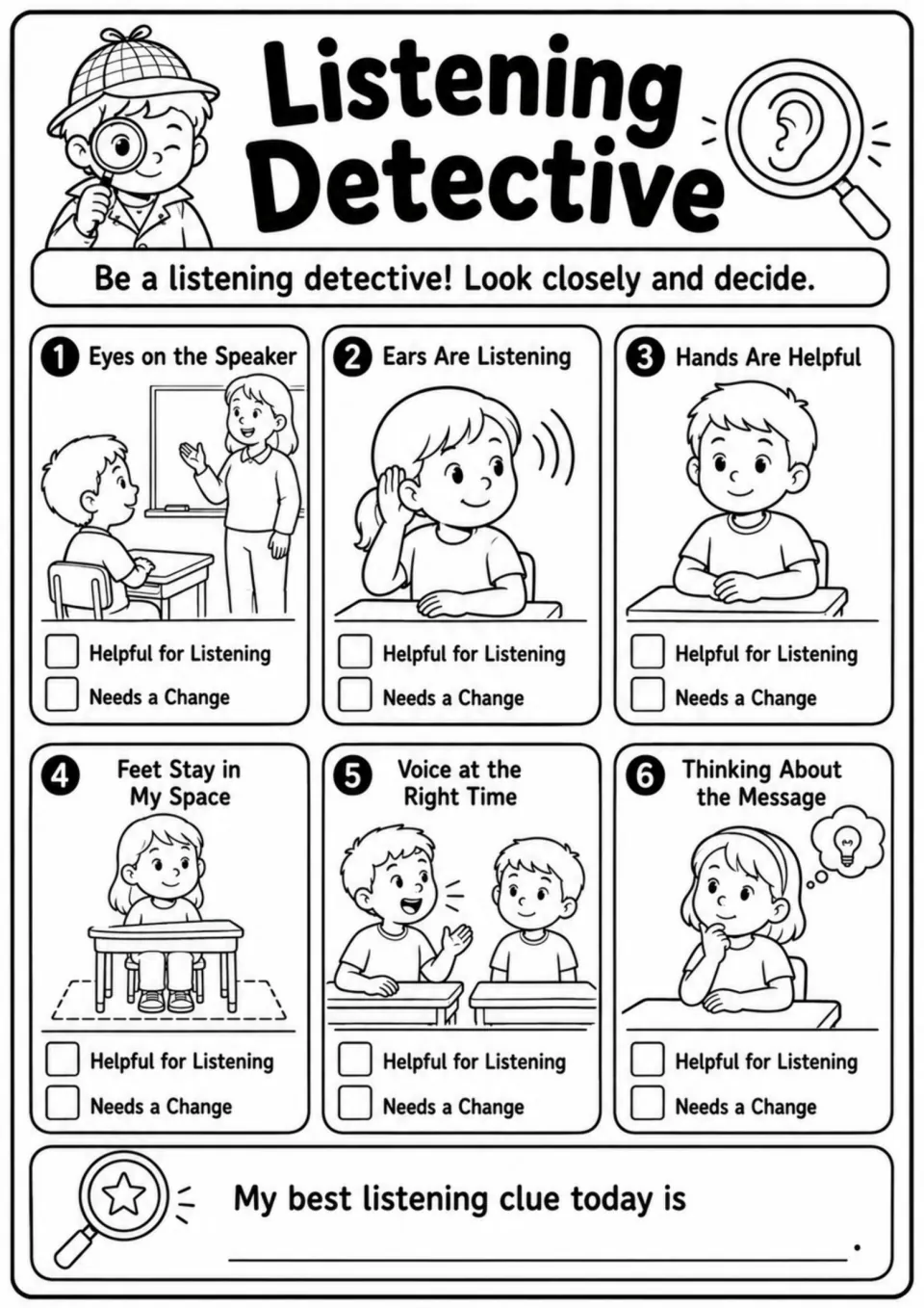 Listening Detective activity: judge six illustrated listening behaviors as helpful or needing a change