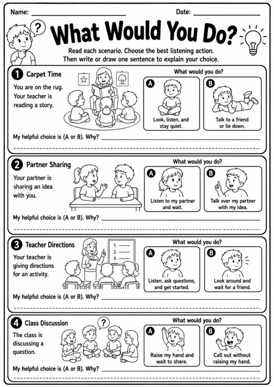 What Would You Do? activity: choose and explain listening actions for four classroom scenarios