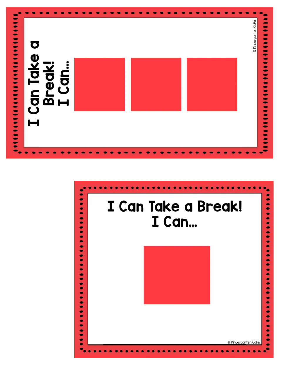 Color break-choice charts for displaying one or three activity cards, headed “I Can Take a Break! I Can...”