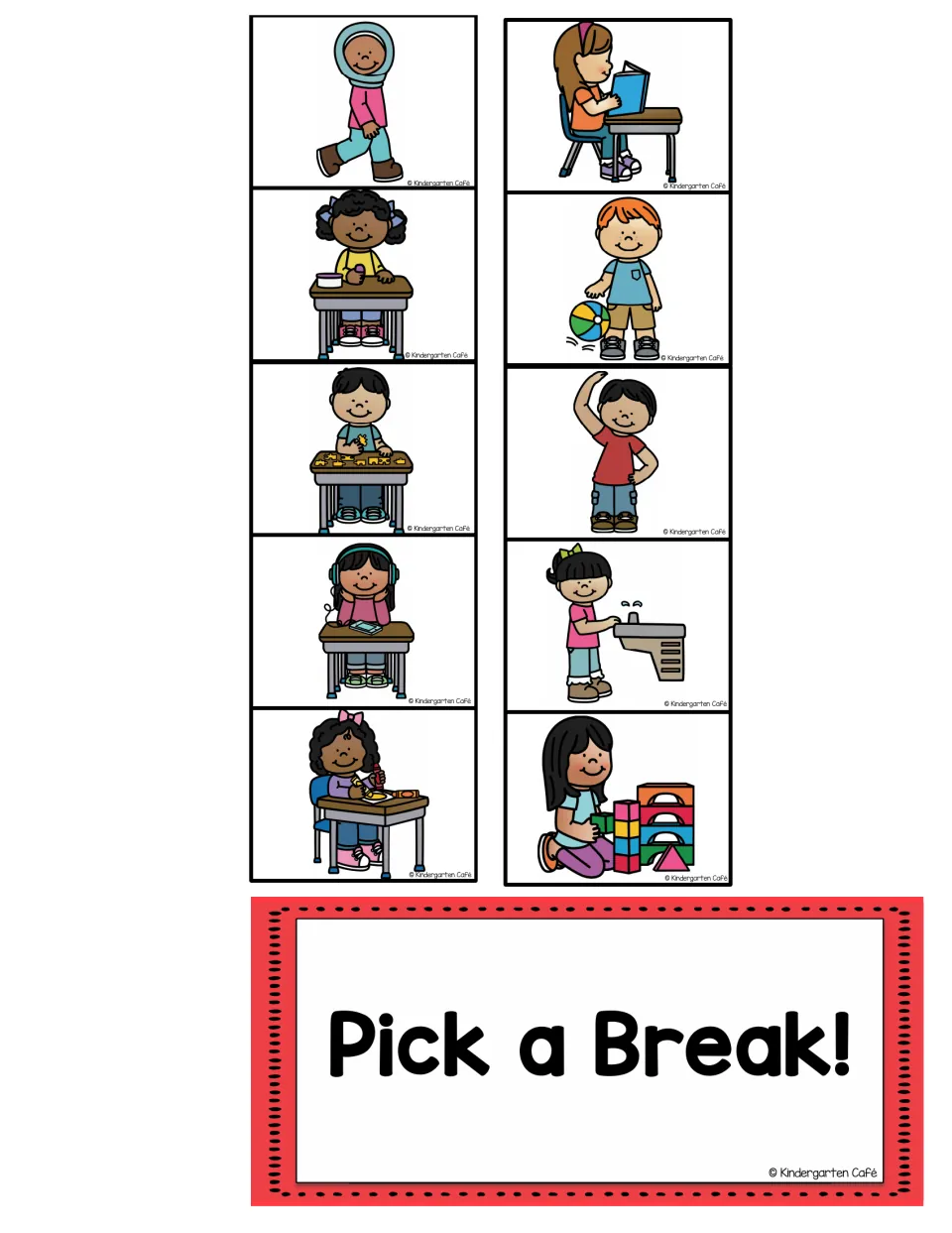 Ten color break-option cards showing walking, reading, puzzles and seven more choices, plus “Pick a Break!”
