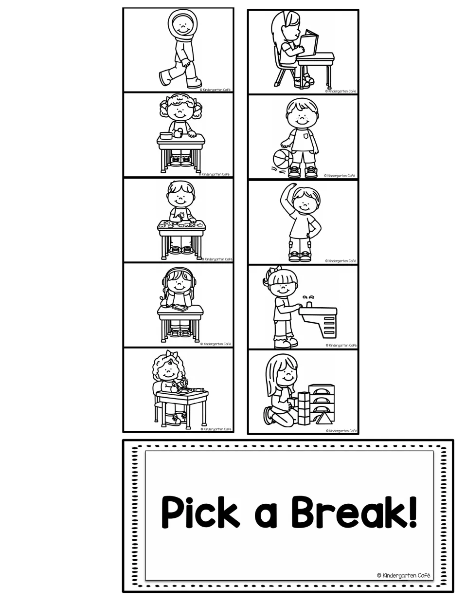 Ten black-and-white break-option cards showing walking, reading and eight more choices, plus “Pick a Break!”