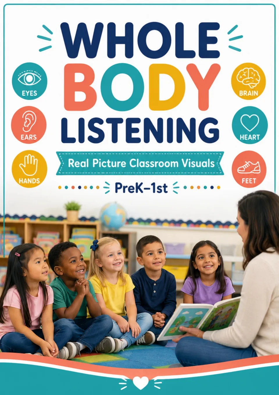 Cover for Whole Body Listening Posters with Real Pictures, showing children listening to a teacher