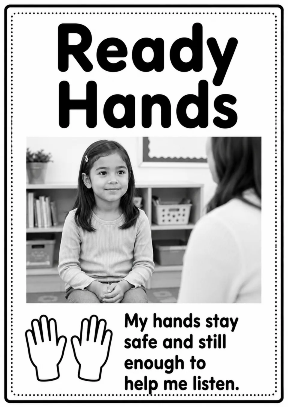 Ready Hands poster: “My hands stay safe and still enough to help me listen,” with hands resting in a lap