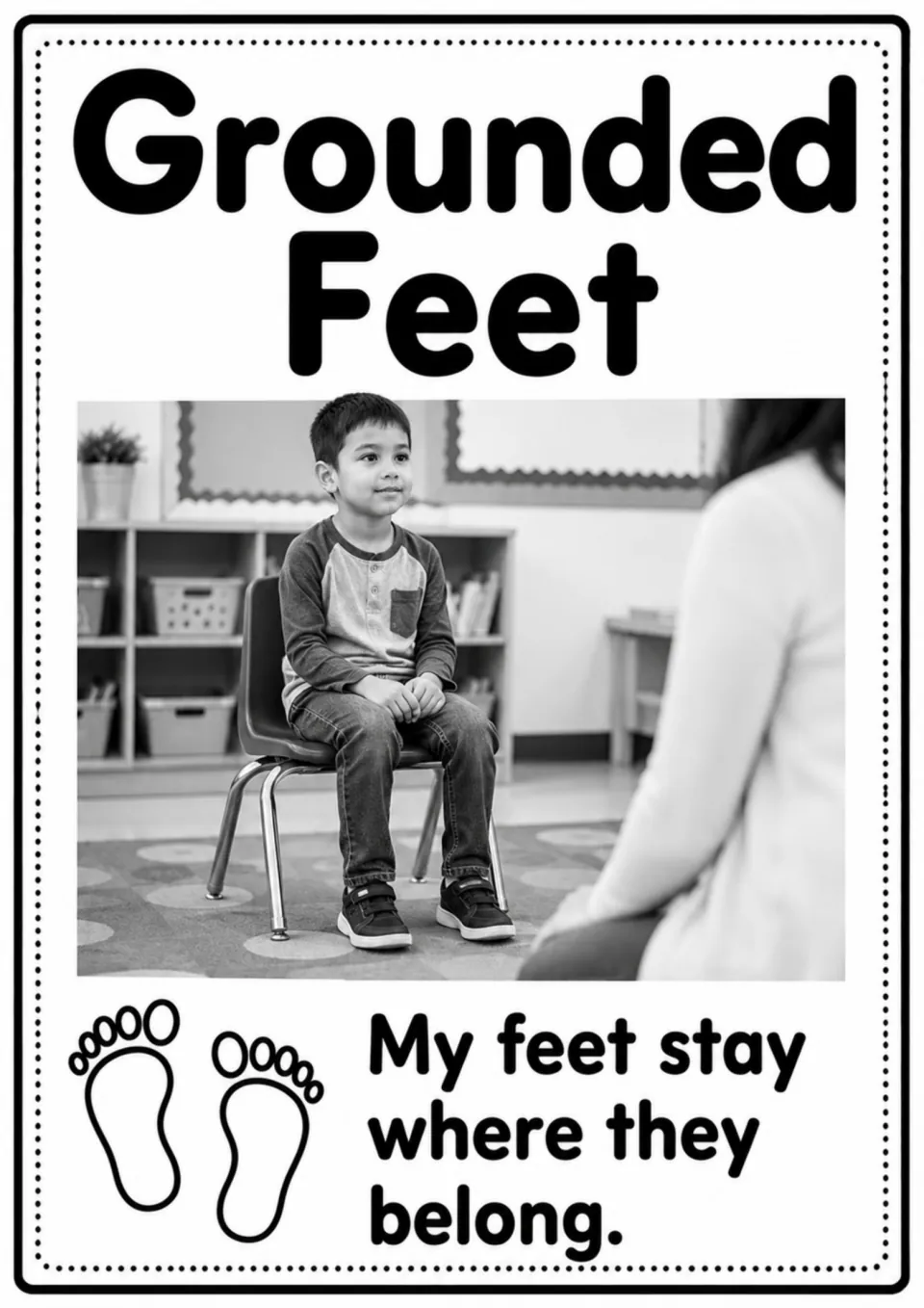 Grounded Feet poster: “My feet stay where they belong,” with a seated child keeping his feet on the floor