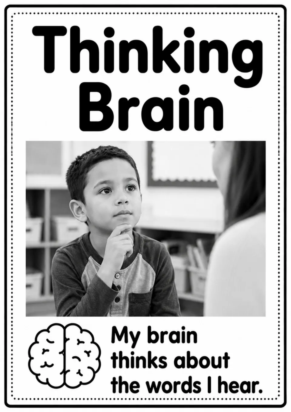 Thinking Brain poster: “My brain thinks about the words I hear,” with a child holding a hand to his chin