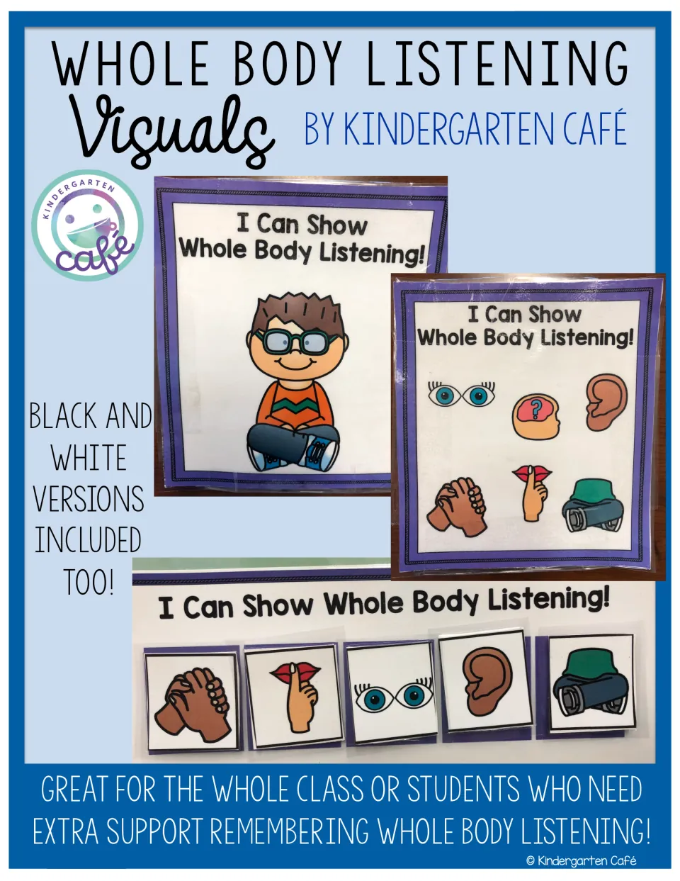 Cover: whole body listening visuals by Kindergarten Café, shown as a seated-boy card, an icon card and a six-picture strip