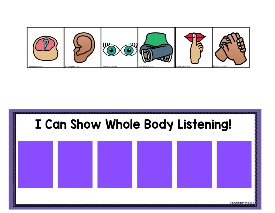 Whole body listening cue cards in color: brain, ear, eyes, still legs, quiet lips and hands, plus a purple chart to hold them