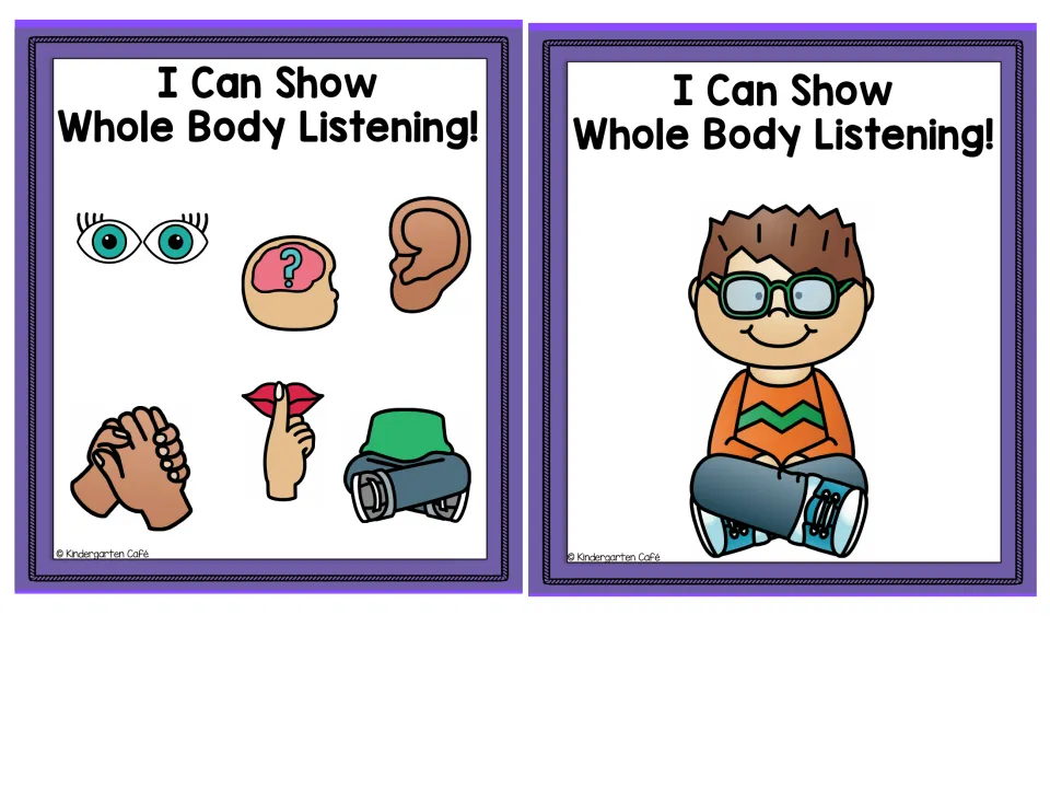 Two color reminder posters: one with eyes, brain, ear, quiet lips, hands and legs icons; one of a boy sitting criss-cross