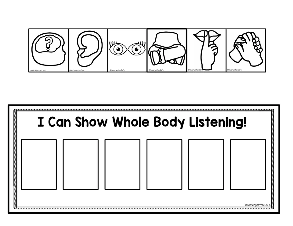 Black-and-white set of six listening picture cards (brain, ear, eyes, legs, lips, hands) with a blank chart for placing them