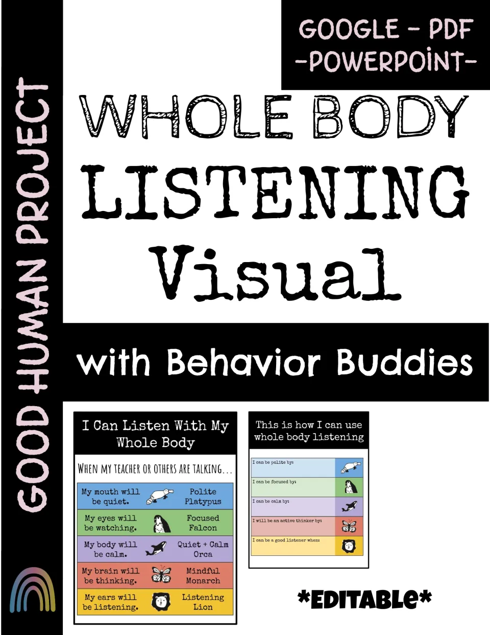 Cover for the whole body listening charts with Behavior Buddies, marked editable for Google, PDF and PowerPoint
