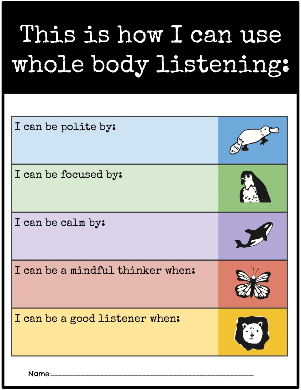 Reflection chart asks how students can be polite, focused, calm, mindful thinkers and good listeners
