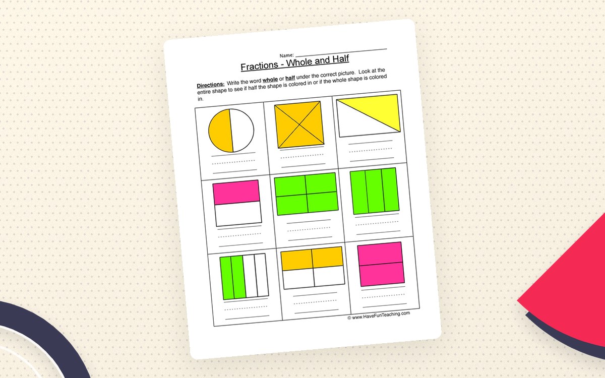 Whole Half Worksheet preview: One page of whole-and-half shape models