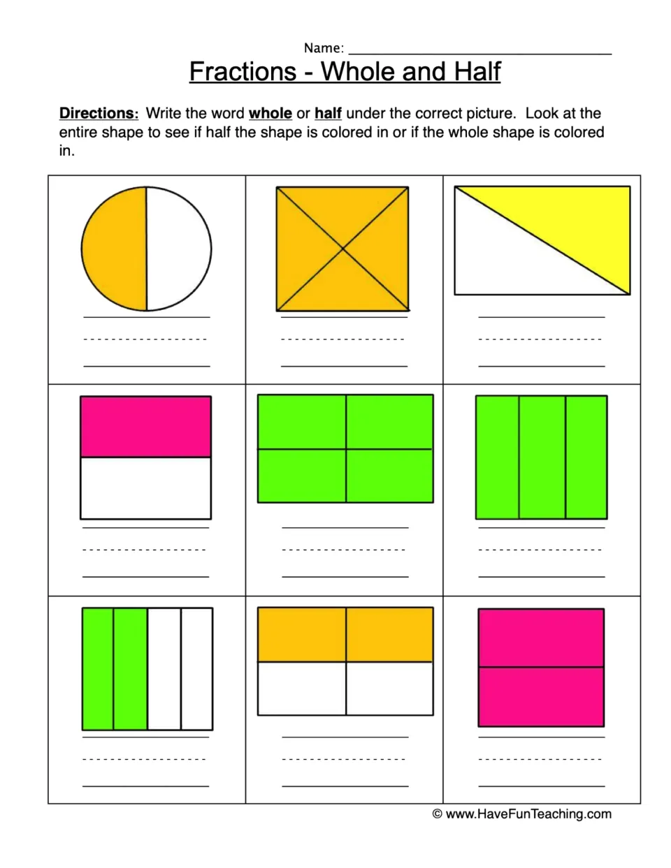 Fractions: students label 9 shaded circles, squares and rectangles as whole or half by checking how much is colored