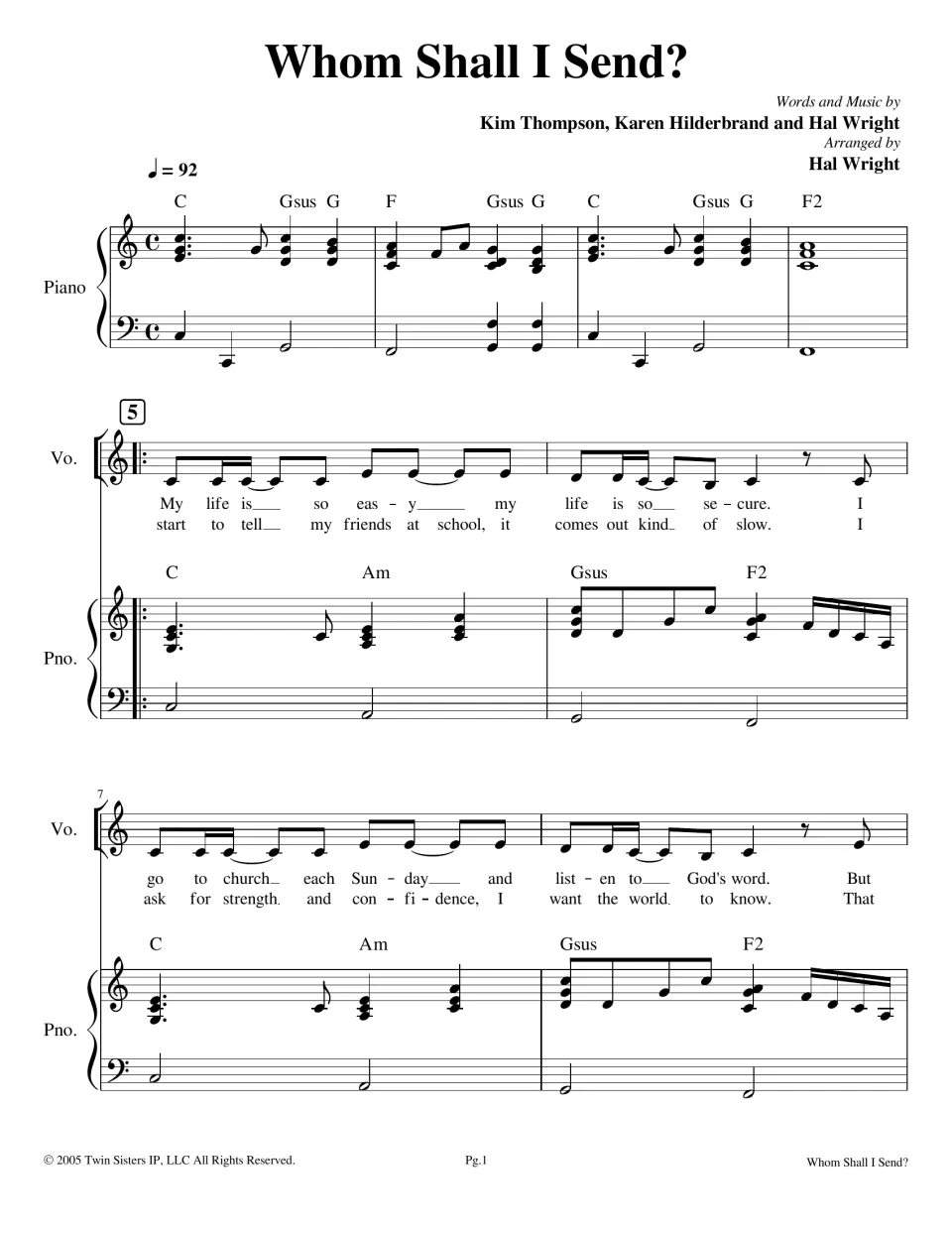 Whom Shall I Send? sheet music opening: 4-bar piano intro, then two verses of vocal lyrics with C, Am, Gsus and F2 chords