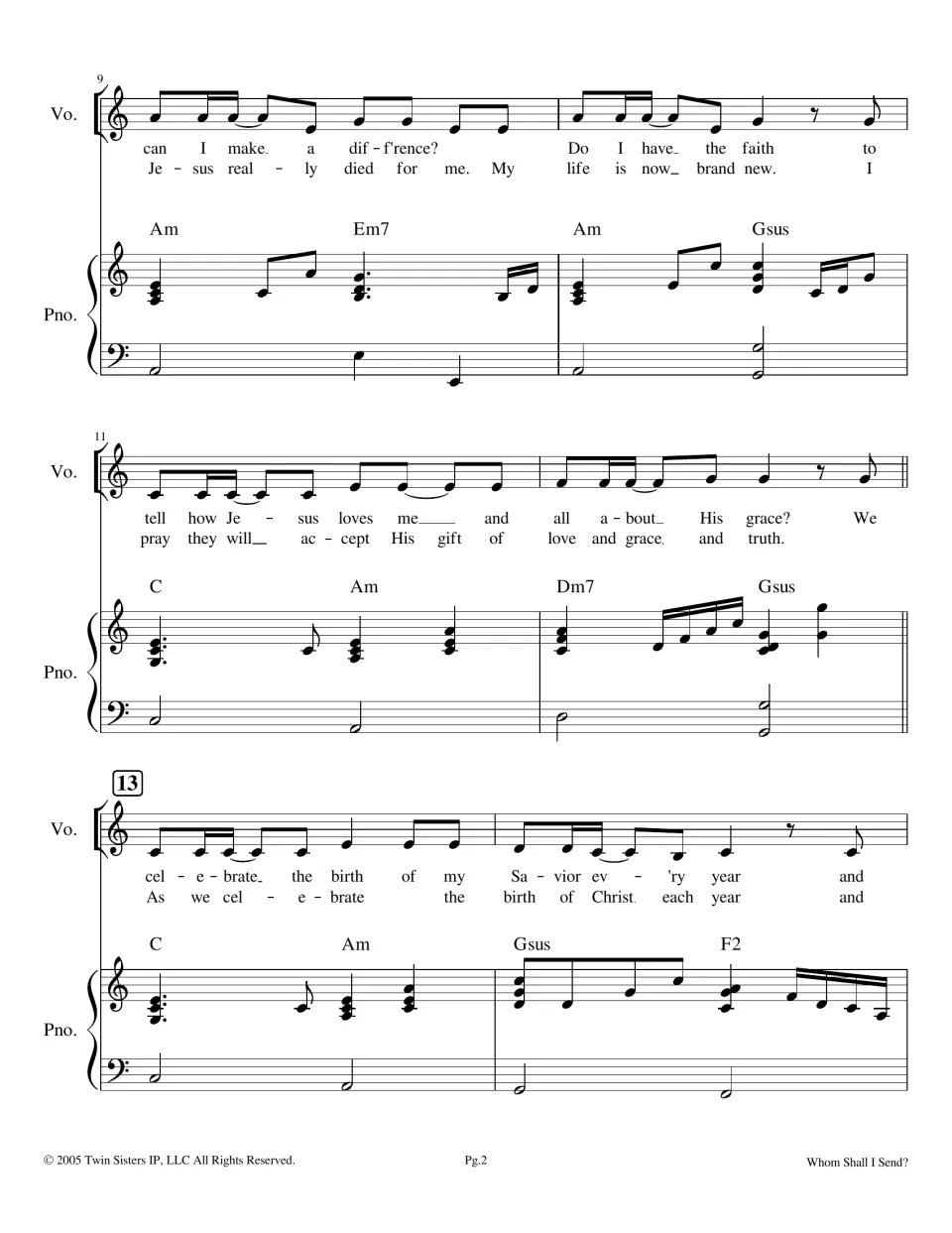 Verse music, measures 9-14: vocal line asking "can I make a diff'rence?" over piano chords Am, Em7, C, Dm7 and Gsus