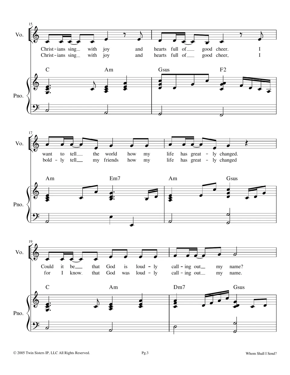 Verse ending, measures 15-20: vocal line on Christians singing with joy and God calling out my name, with piano chords