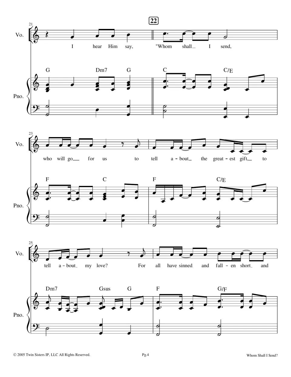 Chorus begins at measure 22: vocal melody about who will go to tell about the greatest gift, with piano accompaniment
