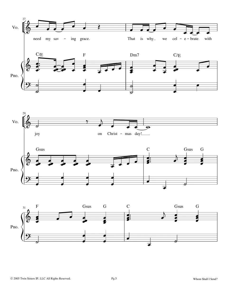 Chorus ending, measures 27-32: lyrics from "need my saving grace" to "on Christmas day!" then a piano-only interlude
